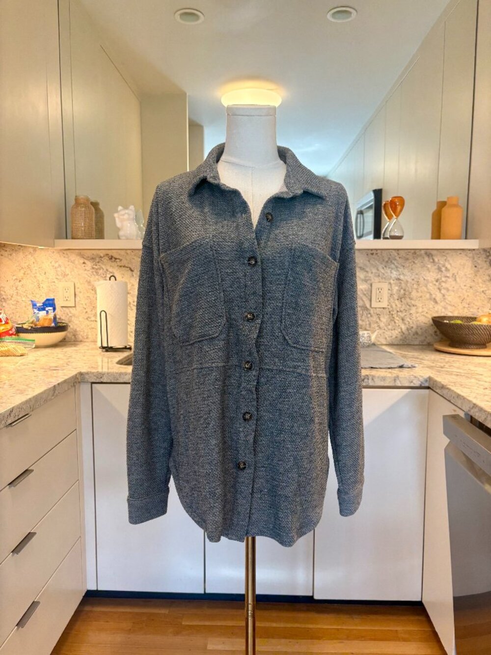 Quilted Button-Up Shirt Jacket in Heather Gray